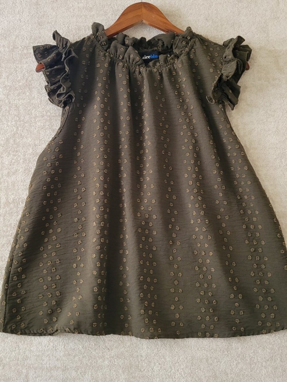 Alice Blue Earthy Swiss Dot Sleeveless Blouse Womens XL Olive Green Ruffle Mossy